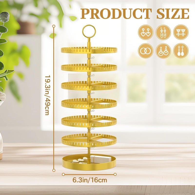 MODOWEY 6 Tier Rotating Earring Holder Organizer Display Tree with Metal Tray, Adjustable Plastic Stand with 342 Slots for Stud Hoop Hanger, Large Capacity Storage Rack for Women Space-Saving, Gold - Image 2